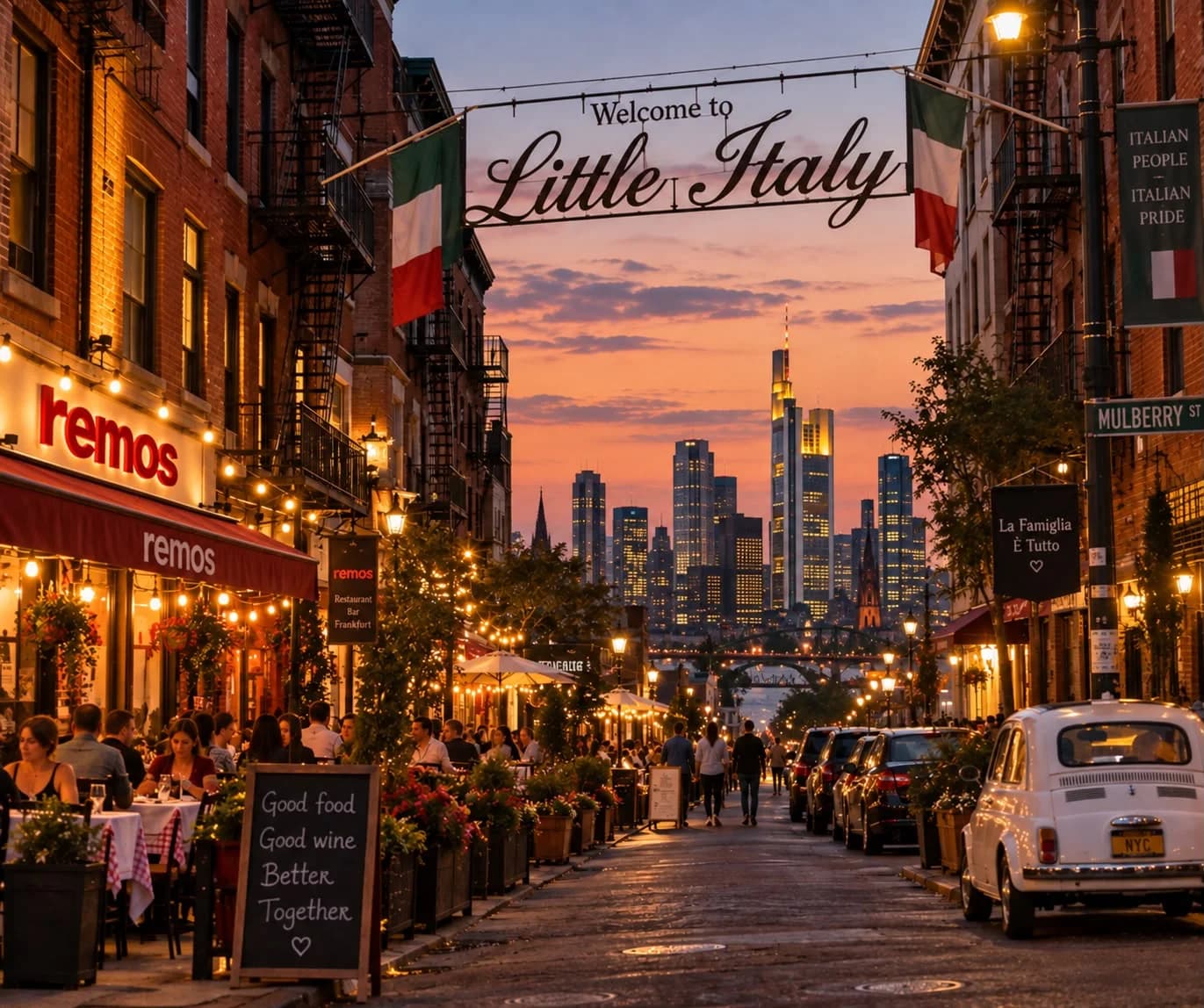 A street in Little Italy with a remos storefront and the Frankfurt skyline behind