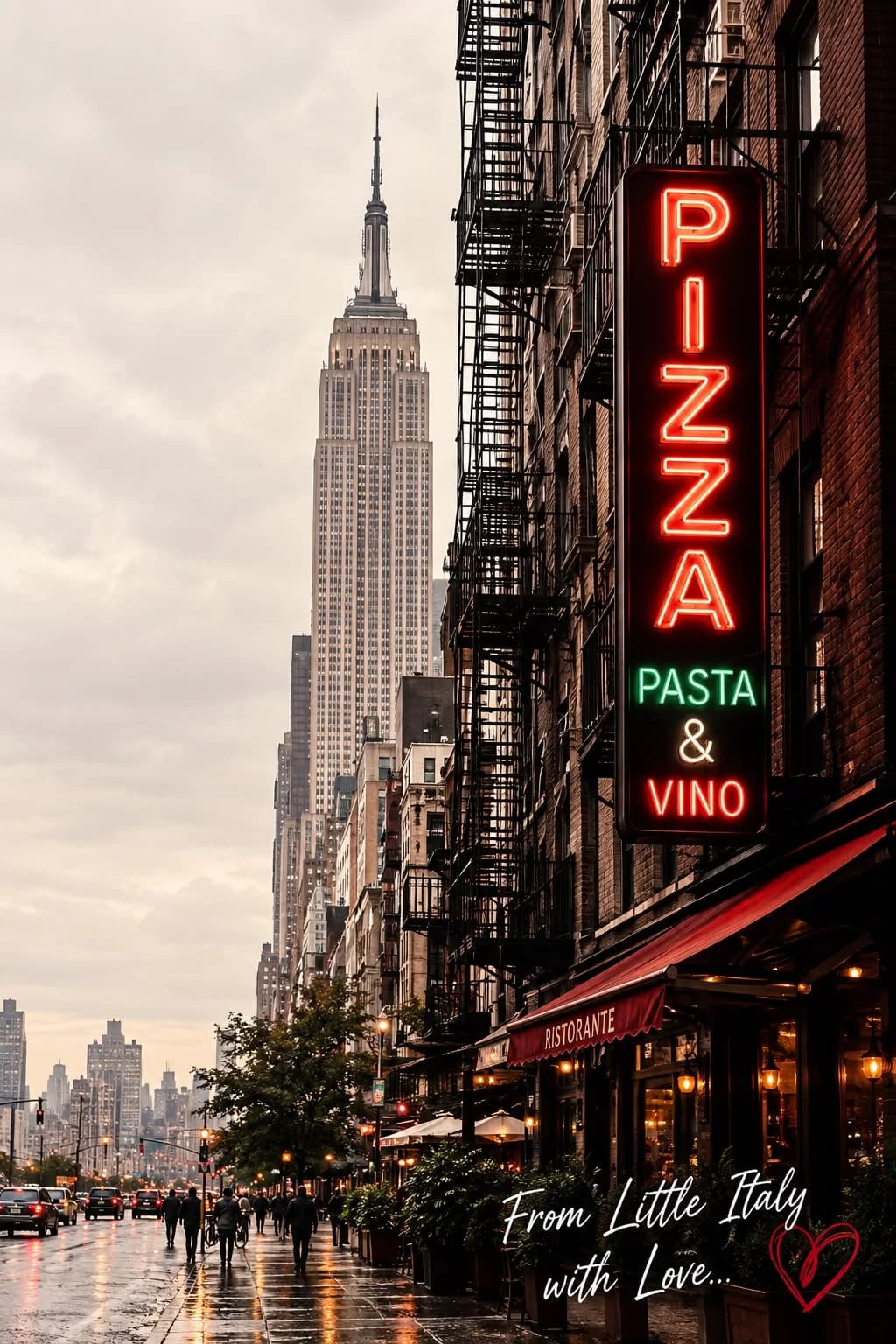 Neonschild mit der Aufschrift Pizza Pasta e Vino an einer Straße in New York