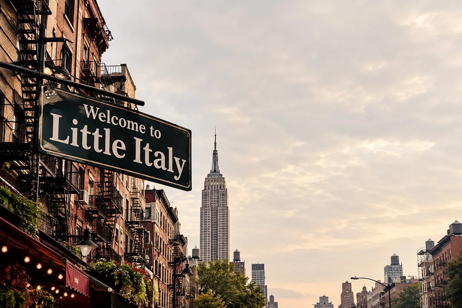 Straßenschild Welcome to Little Italy in New York, dahinter das Empire State Building